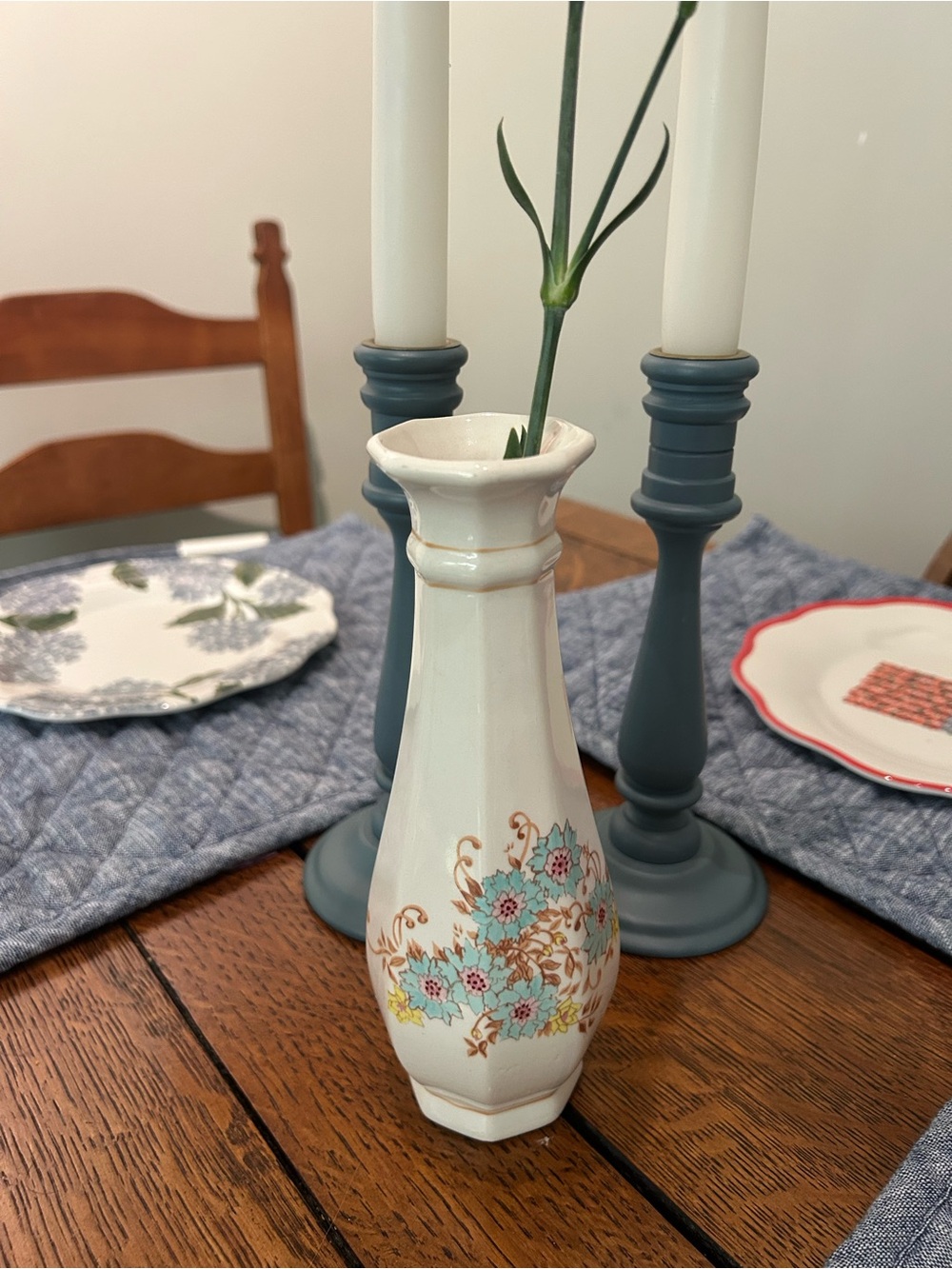 Vintage Floral porcelain Bud Vase in White and Turquoise